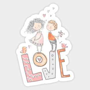 Big Love Cute Whimsically Drawn Girl and Boy Sticker